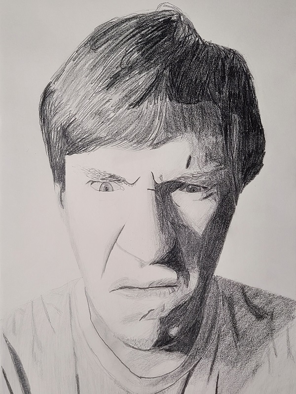 pencil drawn selfportait of Isaac with a discusted expression