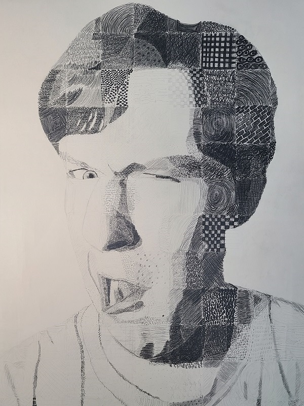 pencil drawn self portait of Isaac made up of almost a hundred textures